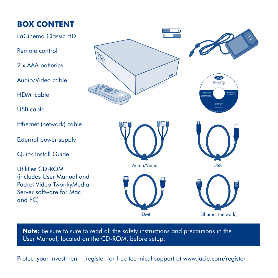 Box content, Audio/video hdmi ethernet (network) usb | LaCie La Cinema Classic HD User Manual | Page 3 / 42