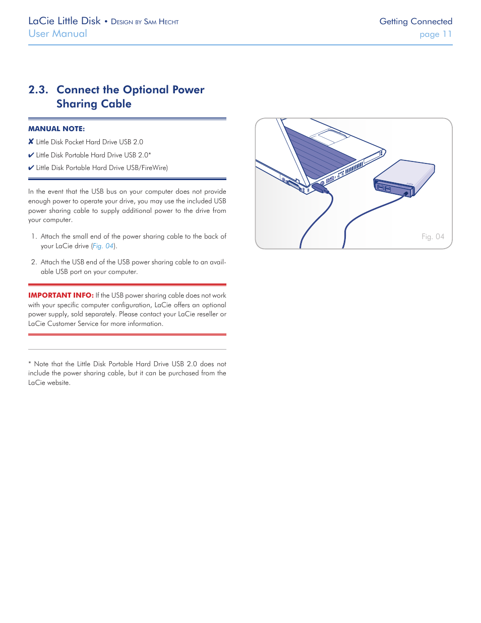 Connect the optional power sharing cable, Cable, proceed to section, Connect the optional power sharing | Cable, Lacie little disk, User manual | LaCie Little Big Disk User Manual | Page 11 / 27