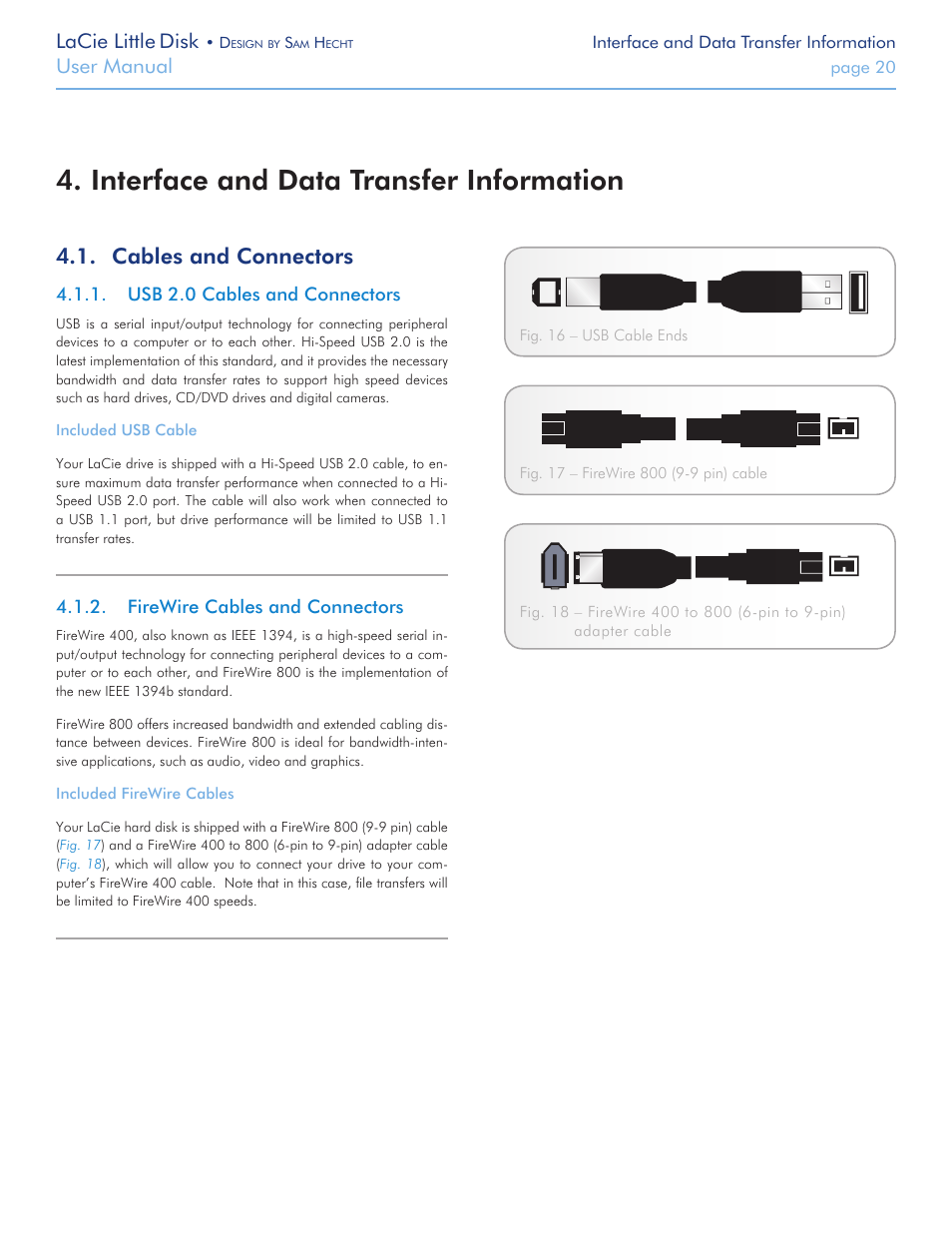 Interface and data transfer information, Cables and connectors, Usb 2.0 cables and connectors | Firewire cables and connectors, Bles and connectors, Lacie little disk, User manual | LaCie Little Big Disk User Manual | Page 20 / 27