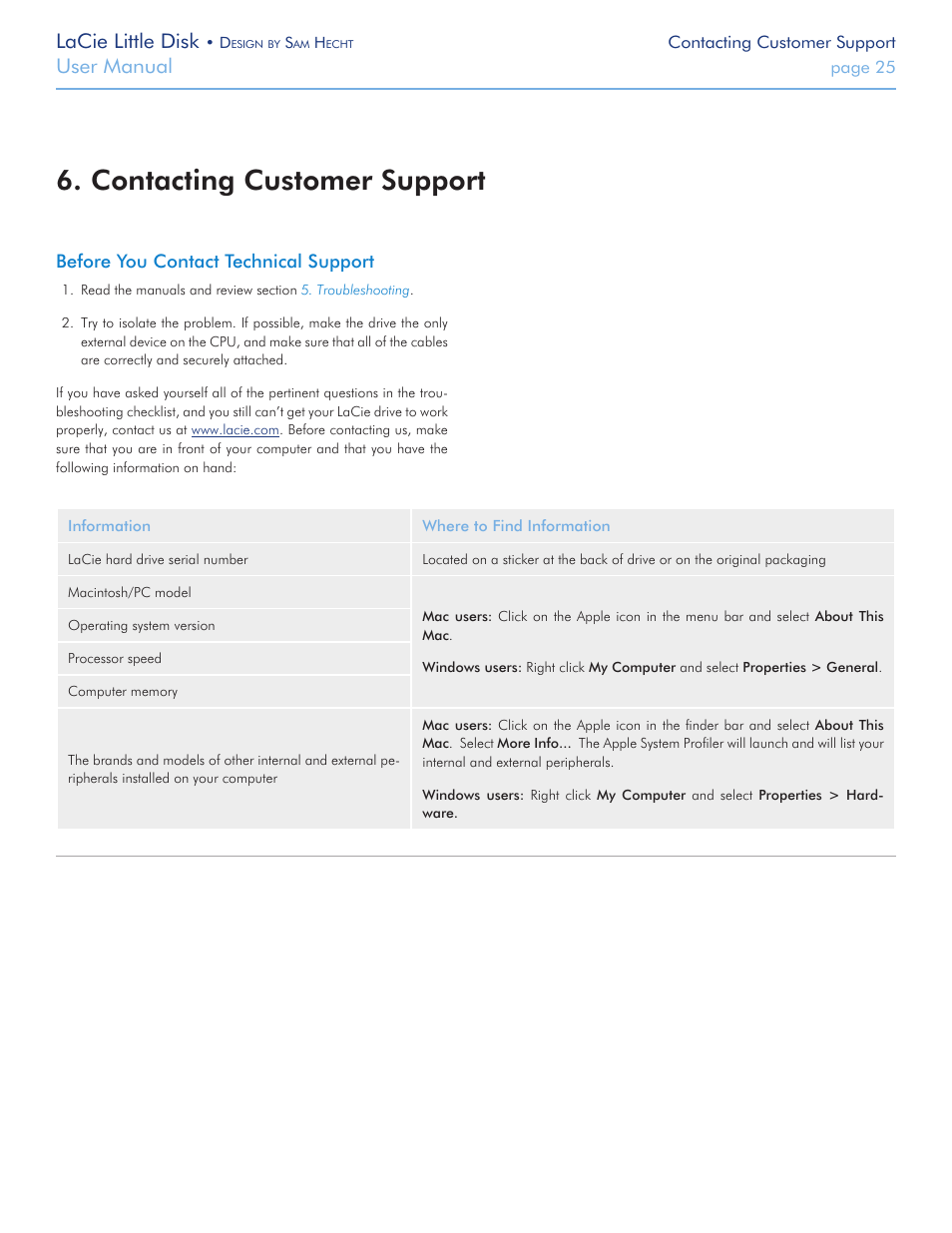 Contacting customer support, Contacting customer sup, Port | For details), Lacie little disk, User manual | LaCie Little Big Disk User Manual | Page 25 / 27