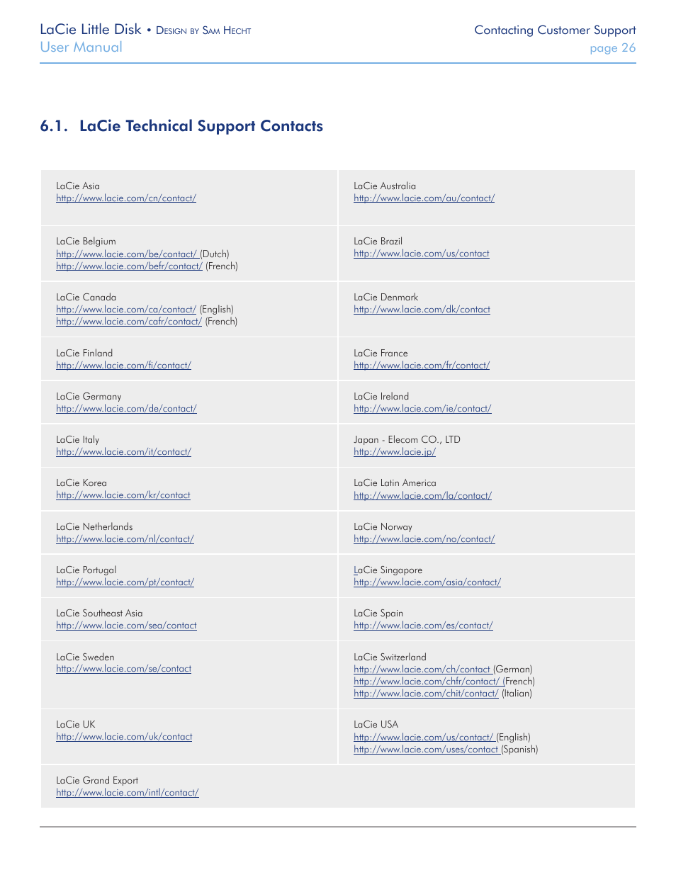 Lacie technical support contacts, Lacie little disk, User manual | LaCie Little Big Disk User Manual | Page 26 / 27