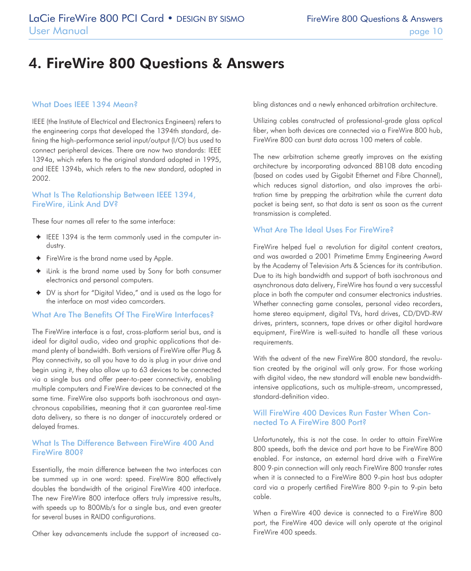 Firewire 800 questions & answers, Lacie firewire 800 pci card, User manual | LaCie 800 User Manual | Page 10 / 14