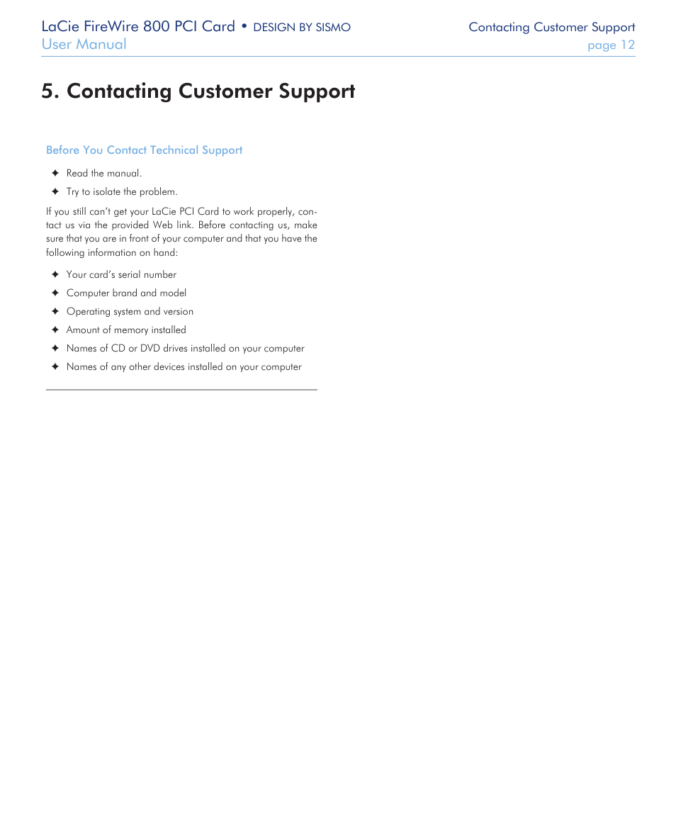 Contacting customer support, Lacie firewire 800 pci card, User manual | LaCie 800 User Manual | Page 12 / 14