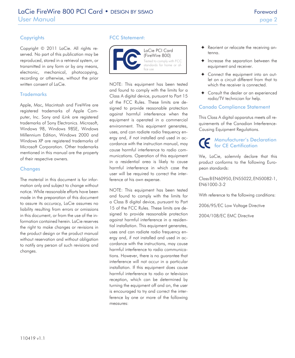Lacie firewire 800 pci card, User manual | LaCie 800 User Manual | Page 2 / 14