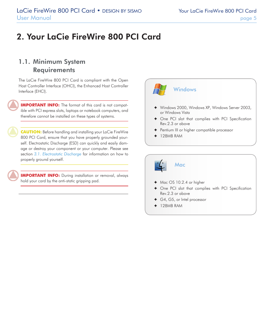 Your lacie firewire 800 pci card, Minimum system requirements, Lacie firewire 800 pci card | User manual, Windows | LaCie 800 User Manual | Page 5 / 14