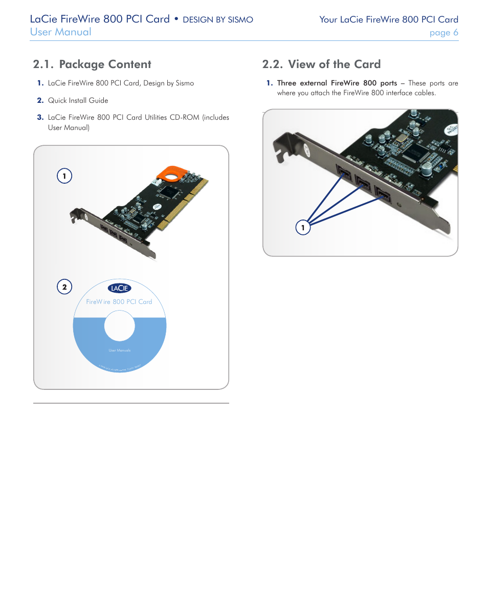 Package content, View of the card, Package content 2.2. view of the card | Lacie firewire 800 pci card, User manual, Your lacie firewire 800 pci card, Page 6 | LaCie 800 User Manual | Page 6 / 14