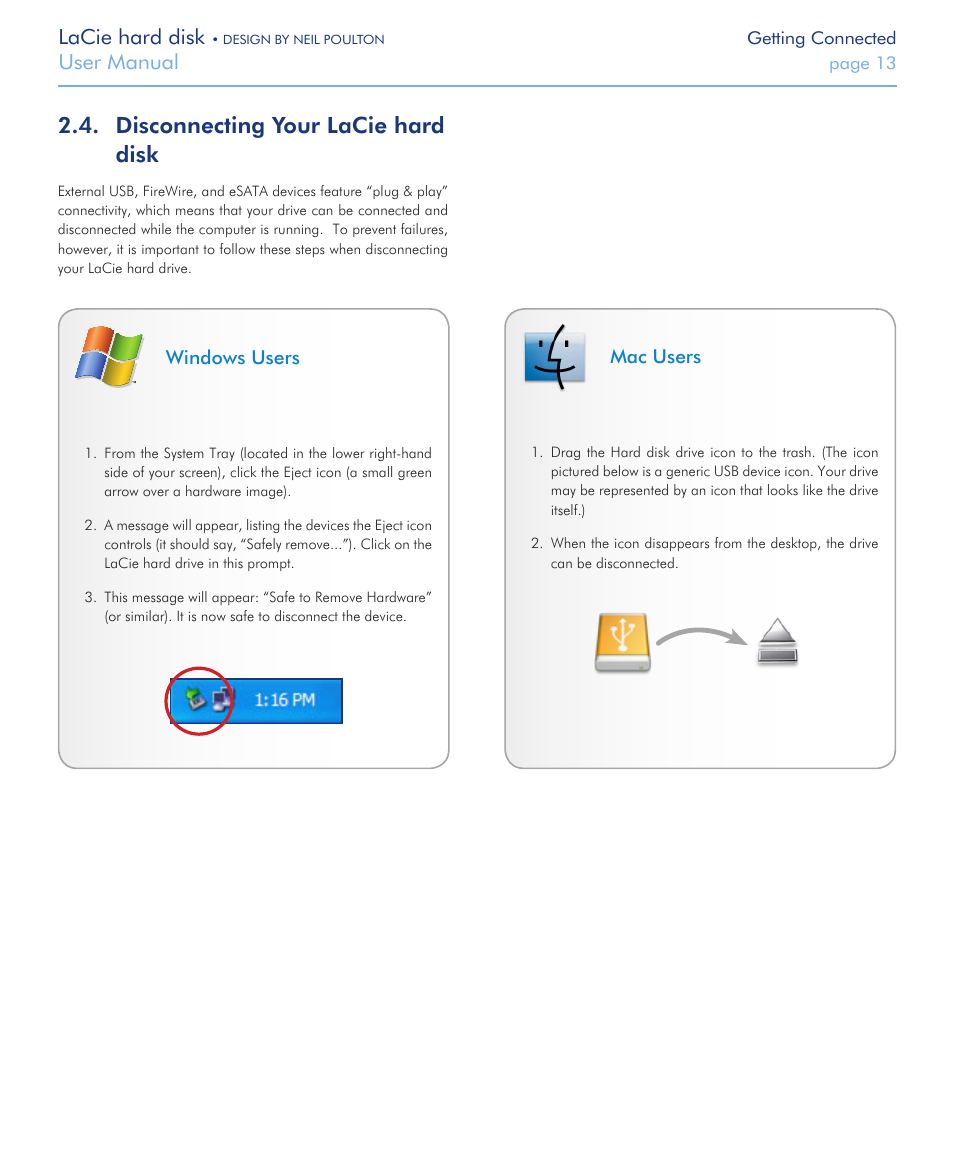 Disconnecting your lacie hard disk, Lacie hard disk, User manual | LaCie Hard Disk Design By Neil Poulton User Manual | Page 13 / 25