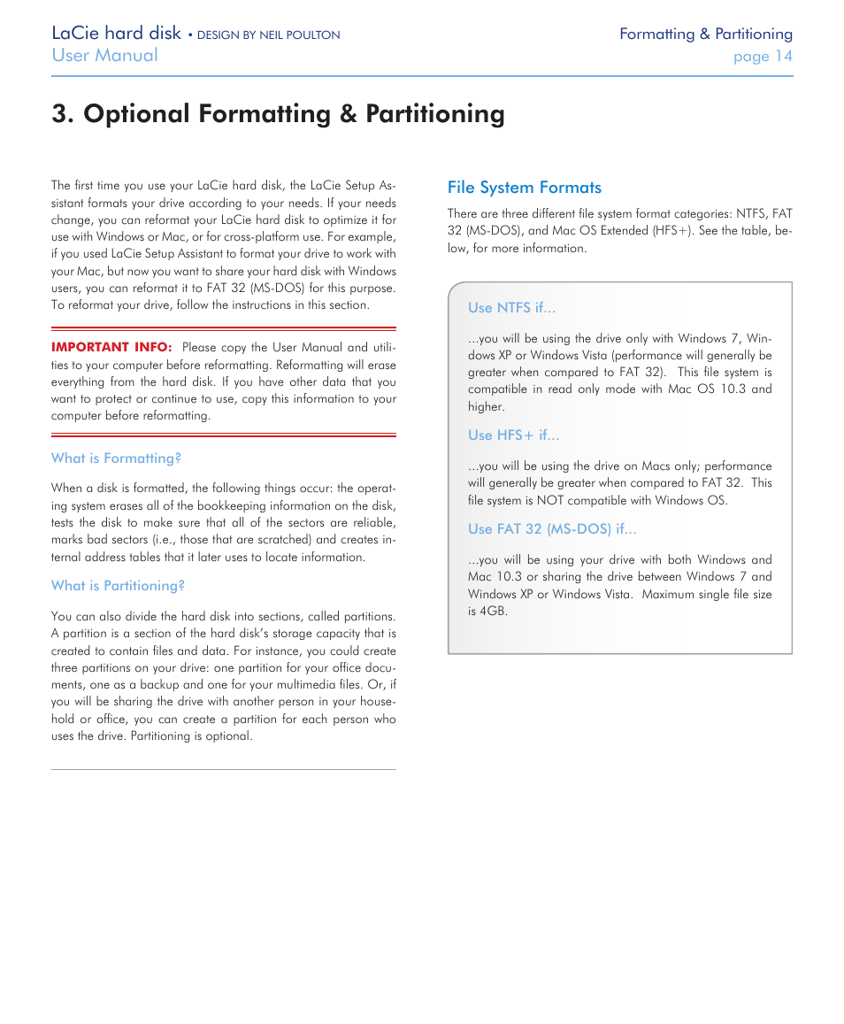 Optional formatting & partitioning, Lacie hard disk, User manual | LaCie Hard Disk Design By Neil Poulton User Manual | Page 14 / 25