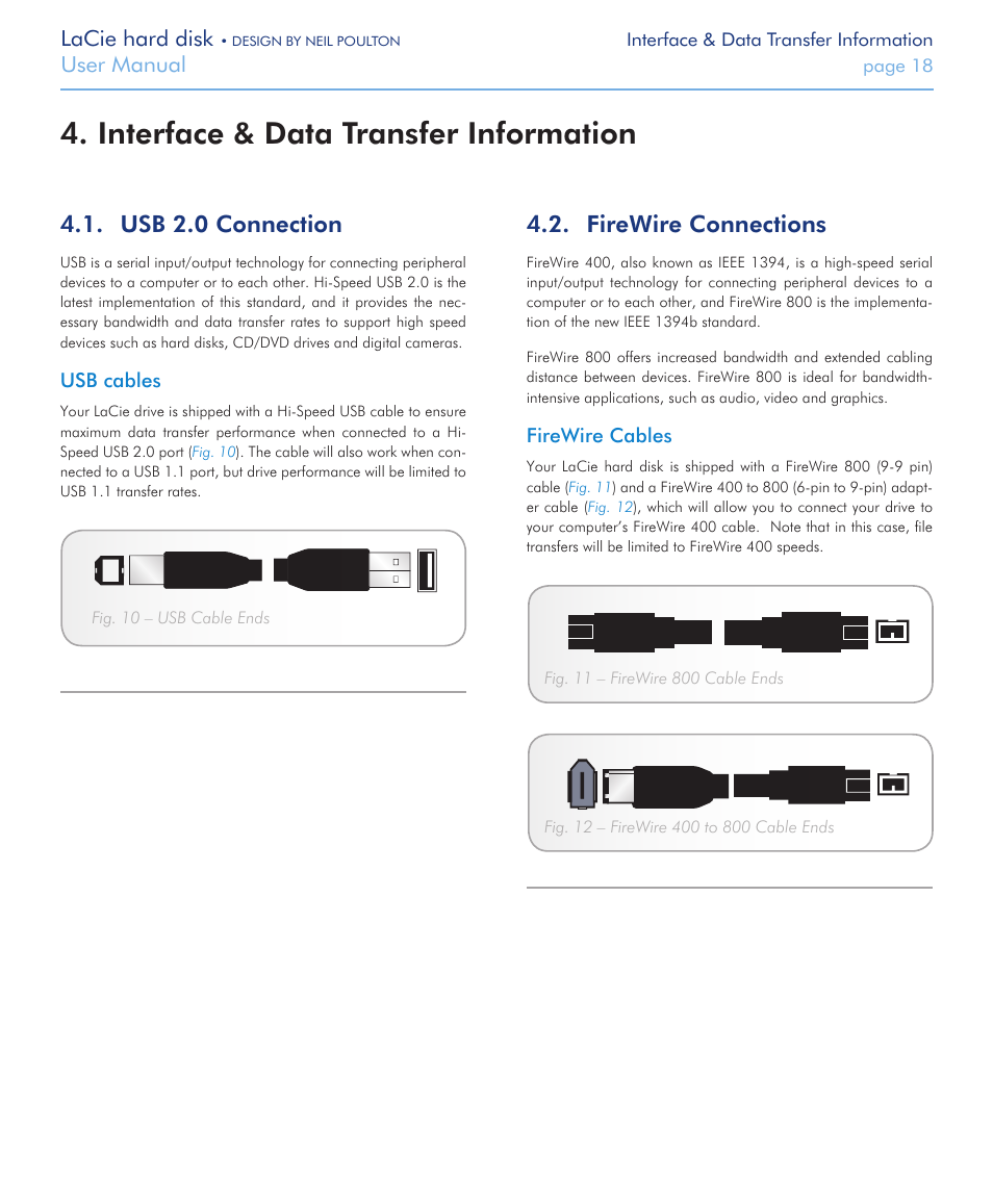 Interface & data transfer information, Usb 2.0 connection, Firewire connections | Usb 2.0 connection 4.2. firewire connections, Lacie hard disk, User manual | LaCie Hard Disk Design By Neil Poulton User Manual | Page 18 / 25