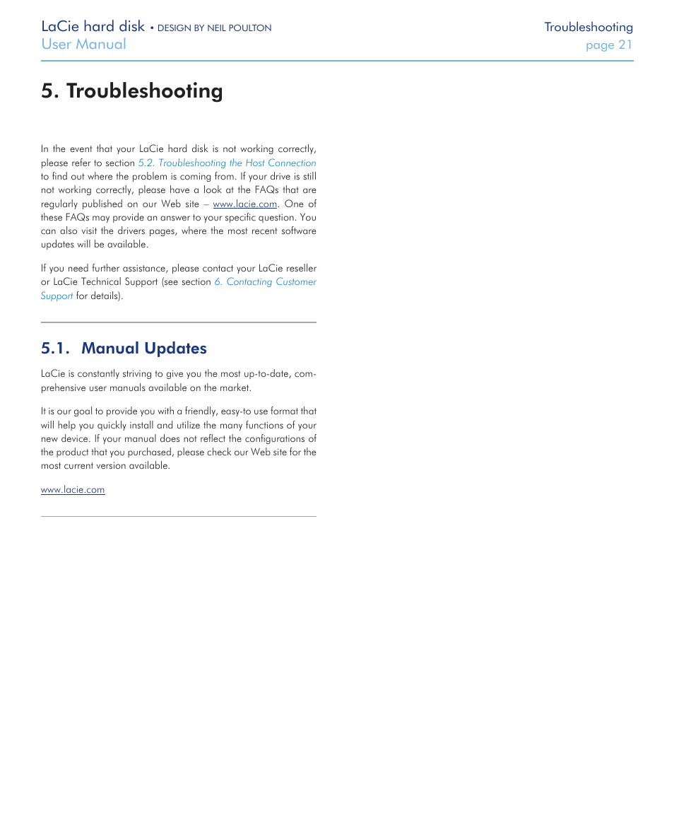 Troubleshooting, Manual updates, Lacie hard disk | User manual | LaCie Hard Disk Design By Neil Poulton User Manual | Page 21 / 25