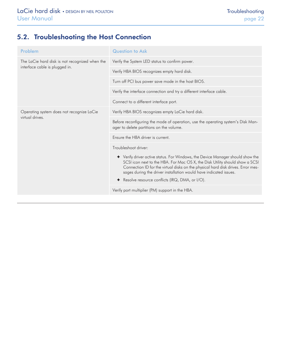 Troubleshooting the host connection, Lacie hard disk, User manual | LaCie Hard Disk Design By Neil Poulton User Manual | Page 22 / 25