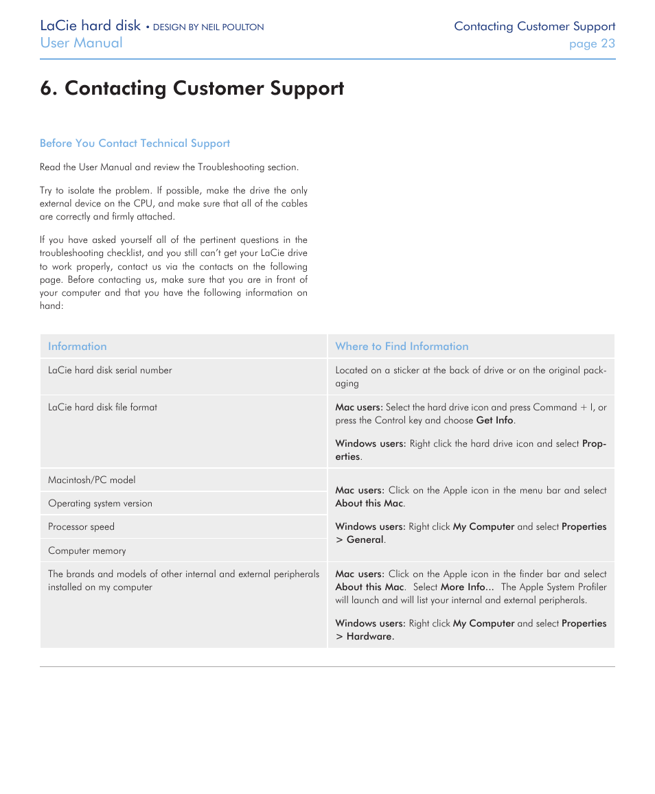 Contacting customer support, Contacting customer, Support | For details), Lacie hard disk, User manual | LaCie Hard Disk Design By Neil Poulton User Manual | Page 23 / 25