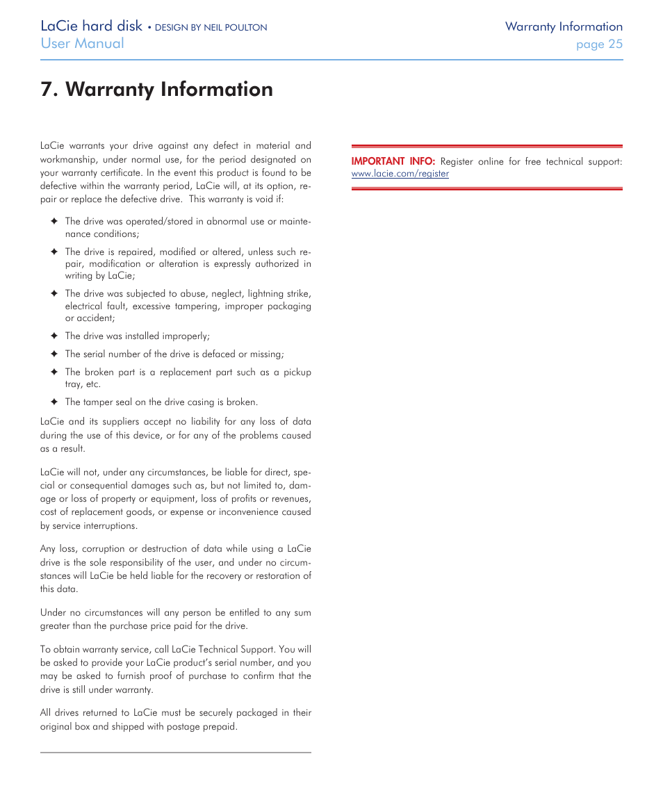 Warranty information, Lacie hard disk, User manual | LaCie Hard Disk Design By Neil Poulton User Manual | Page 25 / 25