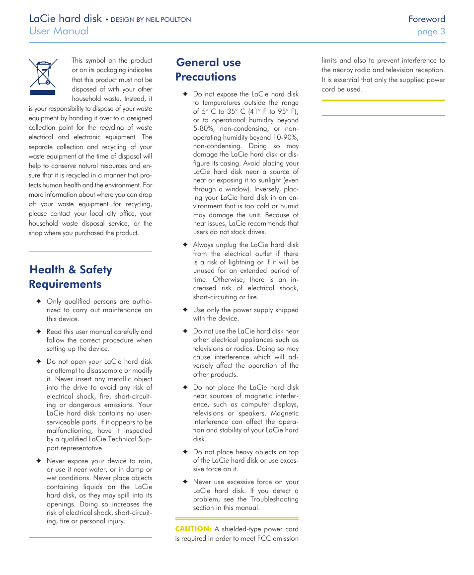 Health & safety requirements, General use precautions, Lacie hard disk | User manual | LaCie Hard Disk Design By Neil Poulton User Manual | Page 3 / 25