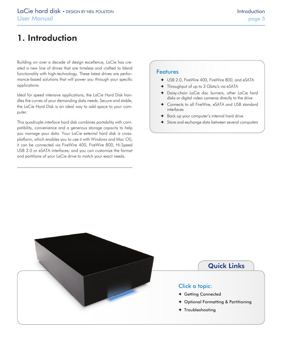 Introduction, Quick links, Lacie hard disk | User manual, Click a topic, Features | LaCie Hard Disk Design By Neil Poulton User Manual | Page 5 / 25