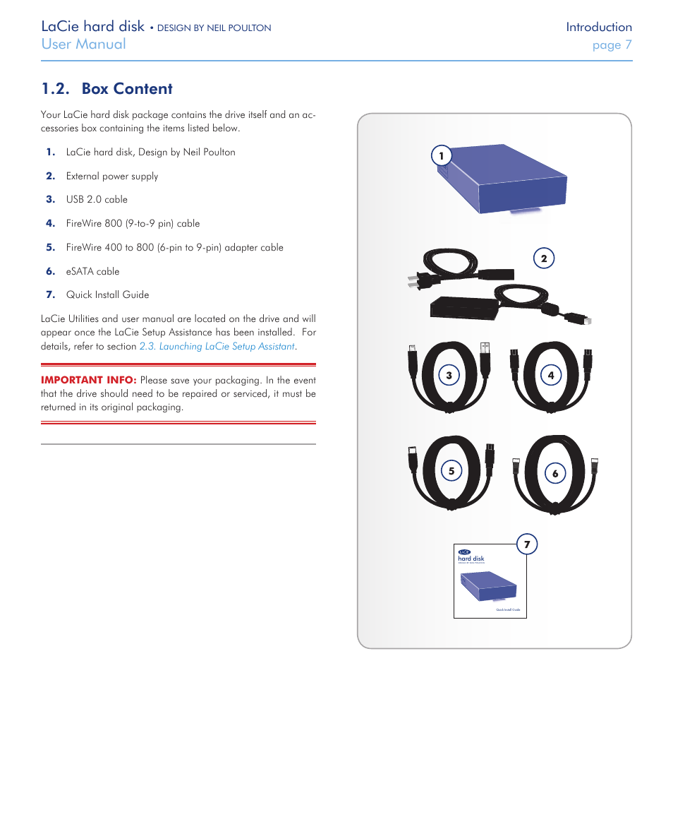 Box content, Lacie hard disk, User manual | Introduction, Page 7 | LaCie Hard Disk Design By Neil Poulton User Manual | Page 7 / 25