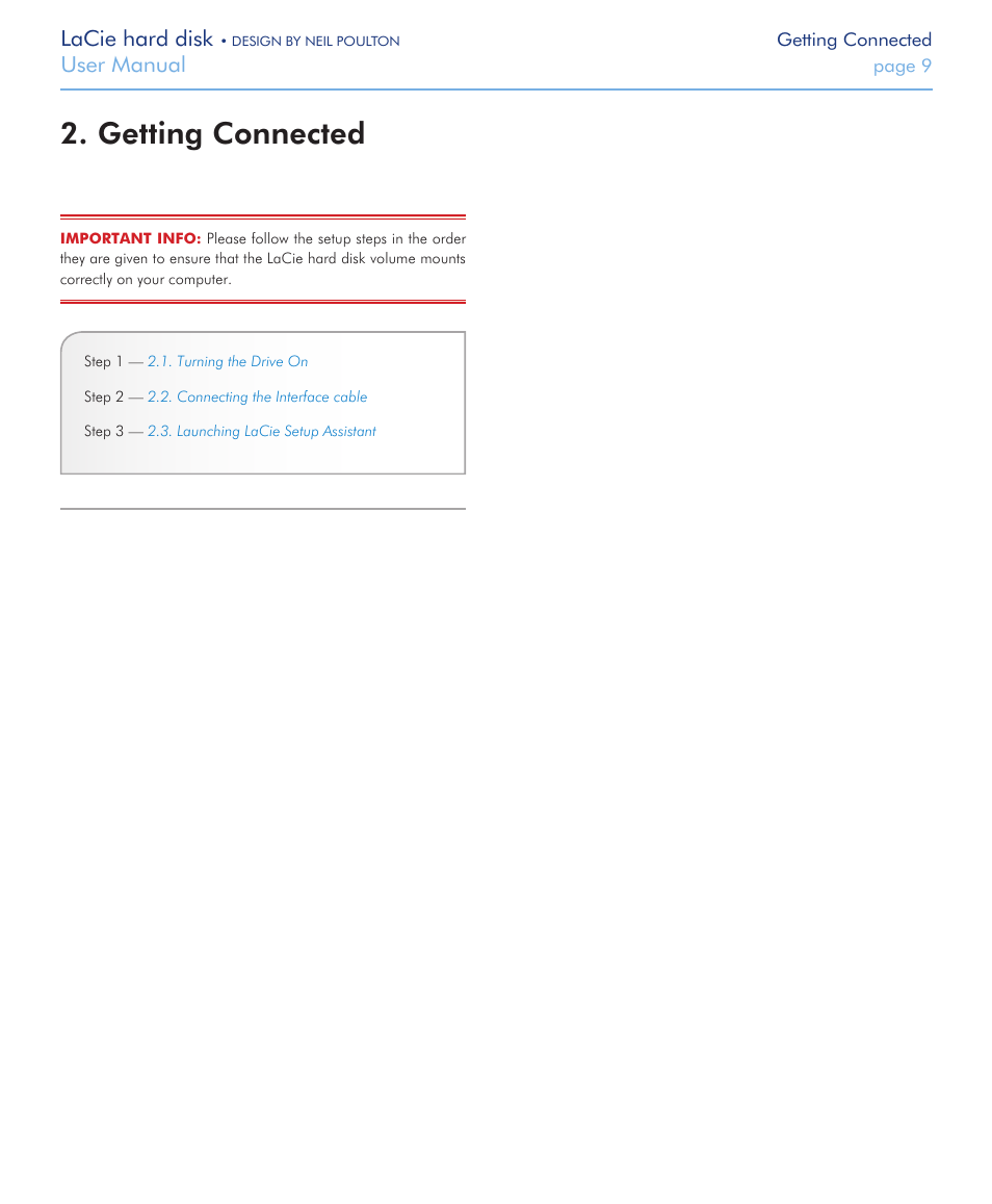 Getting connected, Lacie hard disk, User manual | LaCie Hard Disk Design By Neil Poulton User Manual | Page 9 / 25