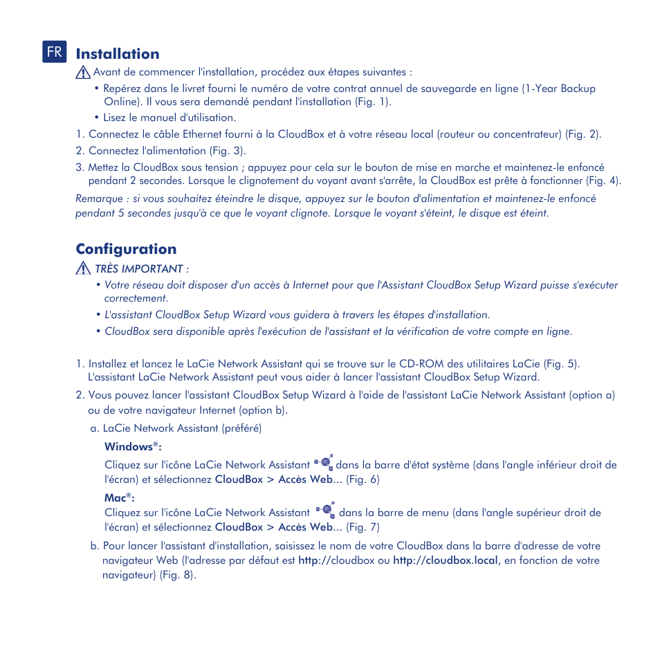 Installation, Configuration, Transfert de fichiers et sauvegarde | Tableau de bord lacie | LaCie CloudBox User Manual | Page 10 / 40