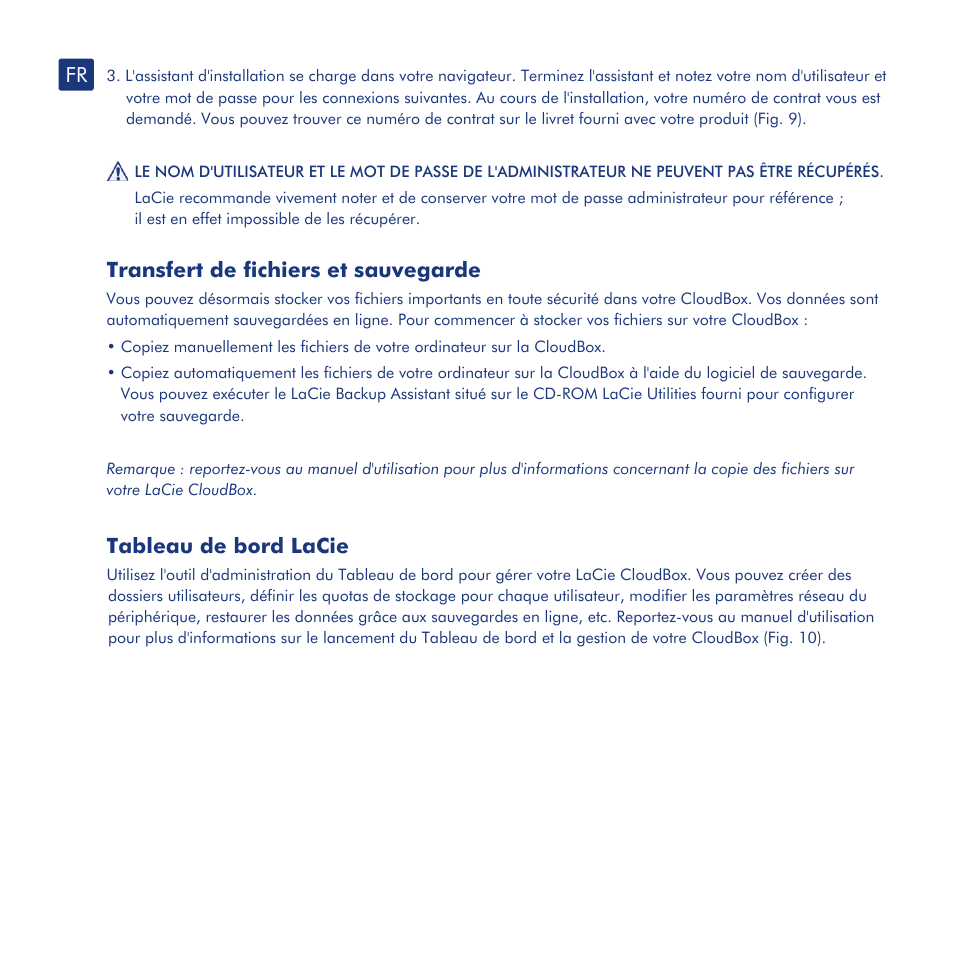 Installation, Configuration, Transfert de fichiers et sauvegarde | Tableau de bord lacie | LaCie CloudBox User Manual | Page 11 / 40