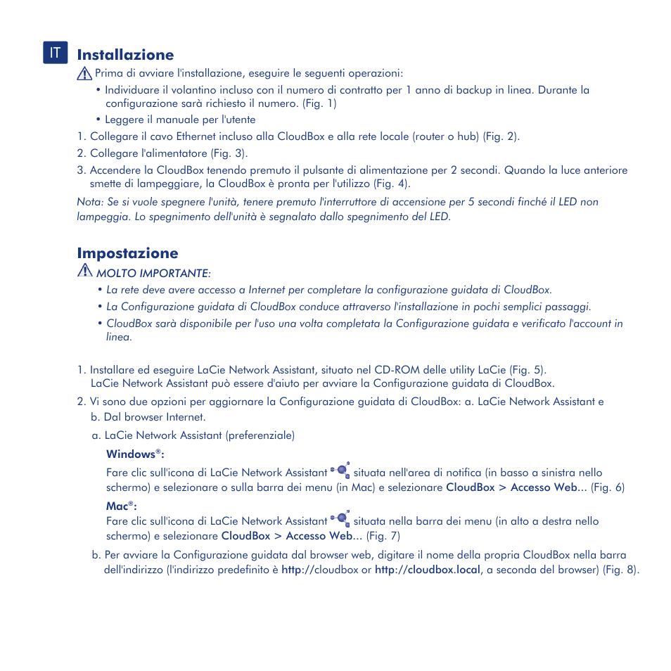 Installazione, Impostazione, Trasferimento di file e backup | Lacie dashboard | LaCie CloudBox User Manual | Page 12 / 40