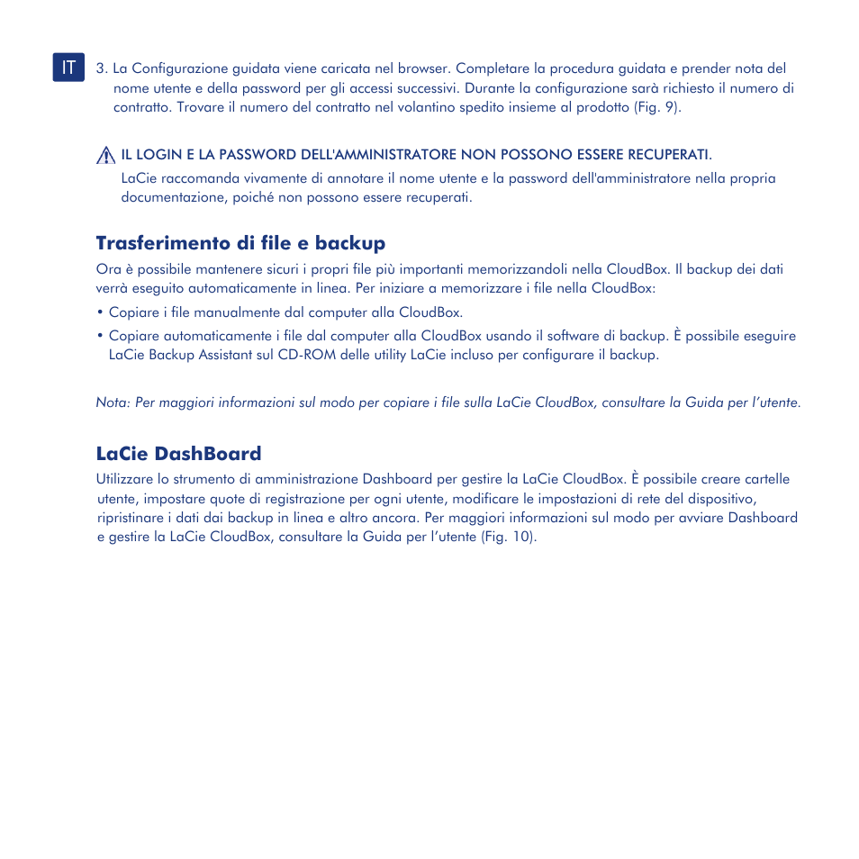 Installazione, Impostazione, Trasferimento di file e backup | Lacie dashboard | LaCie CloudBox User Manual | Page 13 / 40