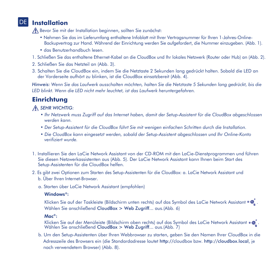 Installation, Einrichtung, Übertragen von dateien und datensicherung | Lacie dashboard | LaCie CloudBox User Manual | Page 14 / 40