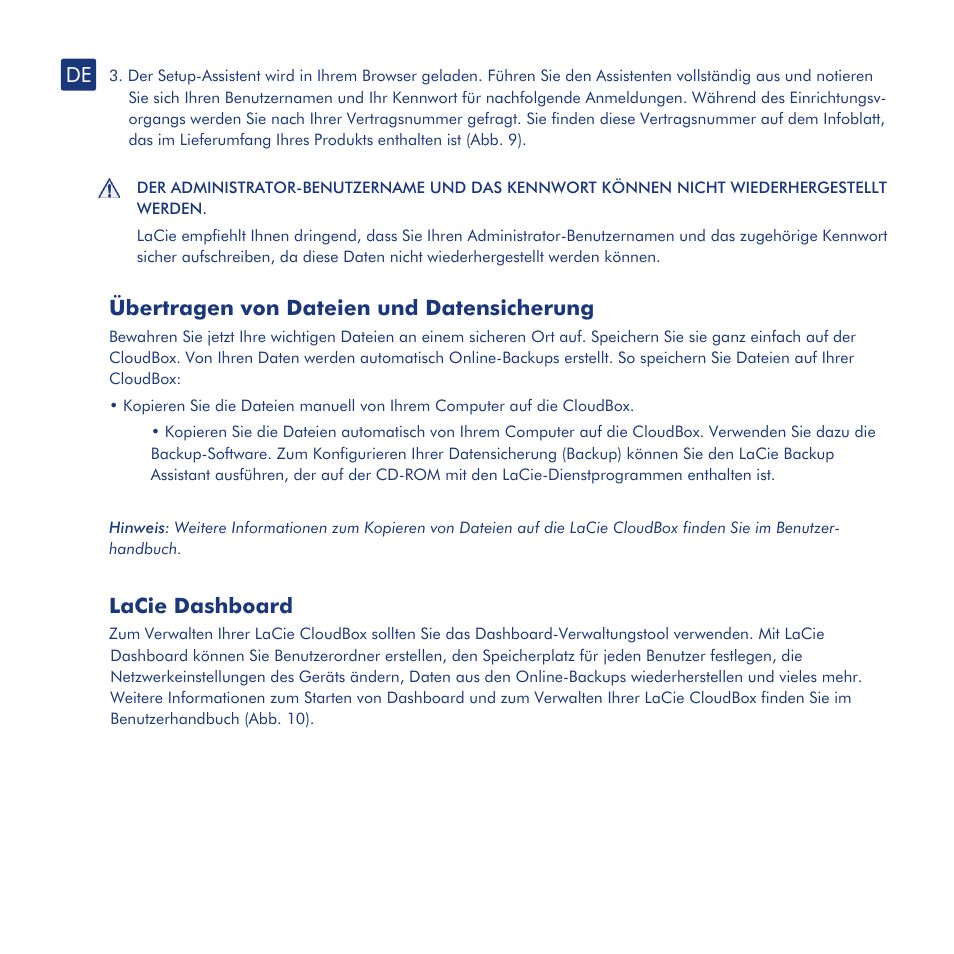 Installation, Einrichtung, Übertragen von dateien und datensicherung | Lacie dashboard | LaCie CloudBox User Manual | Page 15 / 40