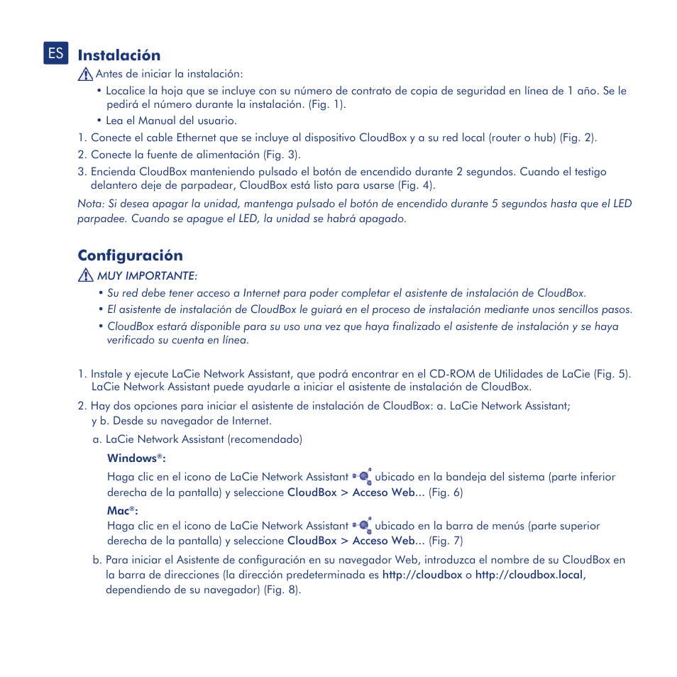 Instalación, Configuración, Transferencia y copia de seguridad de archivos | Cuadro de instrumentos lacie | LaCie CloudBox User Manual | Page 16 / 40
