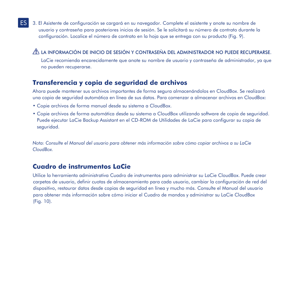 Instalación, Configuración, Transferencia y copia de seguridad de archivos | Cuadro de instrumentos lacie | LaCie CloudBox User Manual | Page 17 / 40
