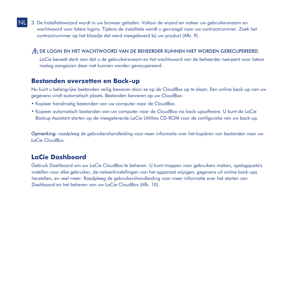 Installatie, Bestanden overzetten en back-up, Lacie dashboard | LaCie CloudBox User Manual | Page 19 / 40