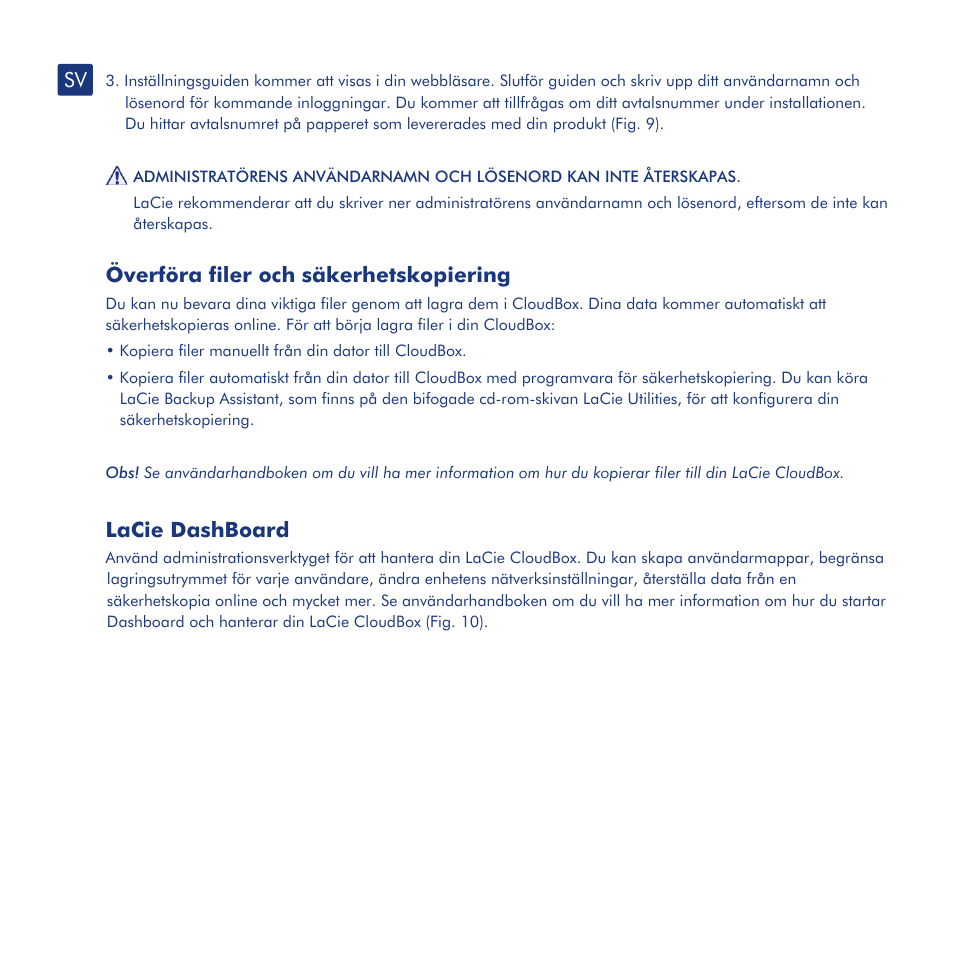 Installation, Överföra filer och säkerhetskopiering, Lacie dashboard | LaCie CloudBox User Manual | Page 23 / 40
