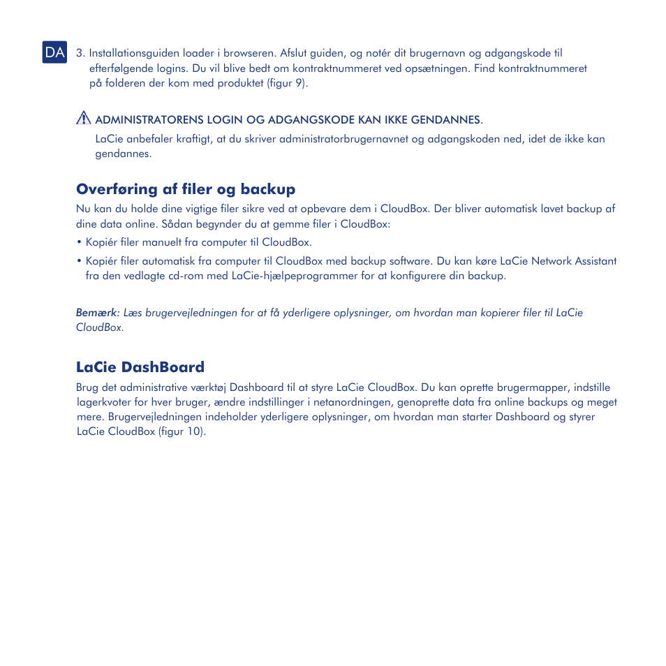 Installation, Konfiguration, Overføring af filer og backup | Lacie dashboard | LaCie CloudBox User Manual | Page 25 / 40