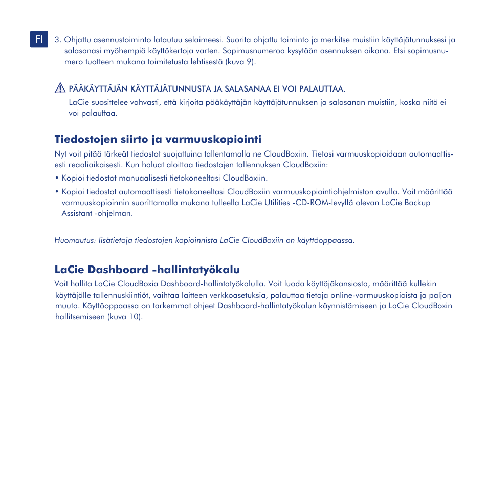 Asennus, Tiedostojen siirto ja varmuuskopiointi, Lacie dashboard -hallintatyökalu | LaCie CloudBox User Manual | Page 27 / 40