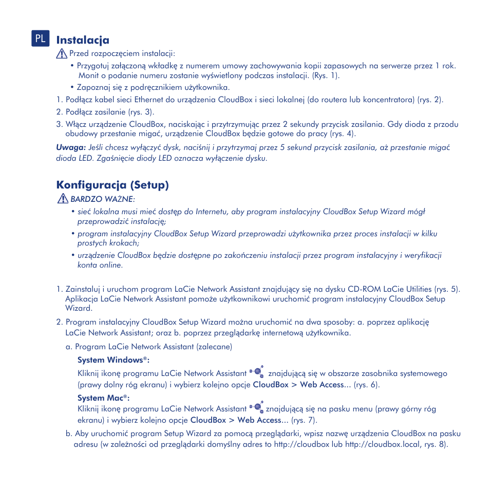 Instalacja, Konfiguracja (setup), Przenoszenie plików i kopie zapasowe | Narz ędzie lacie dashboard | LaCie CloudBox User Manual | Page 28 / 40