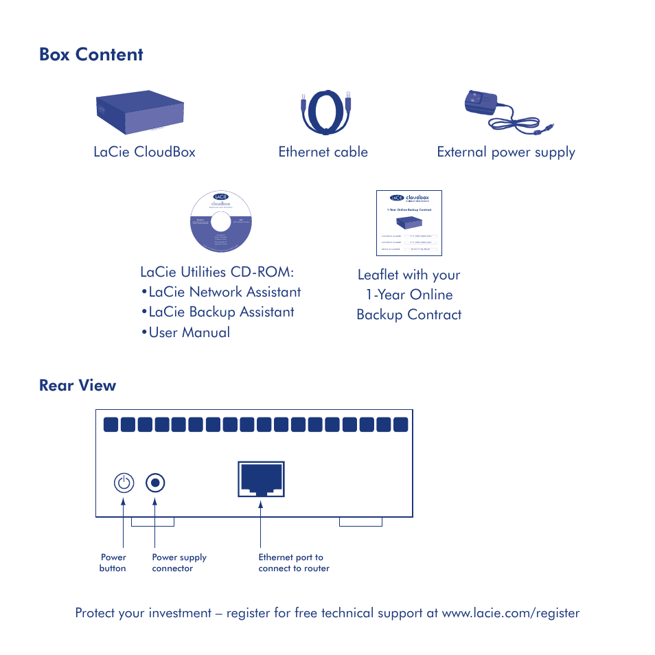 Box content, Rear view | LaCie CloudBox User Manual | Page 3 / 40