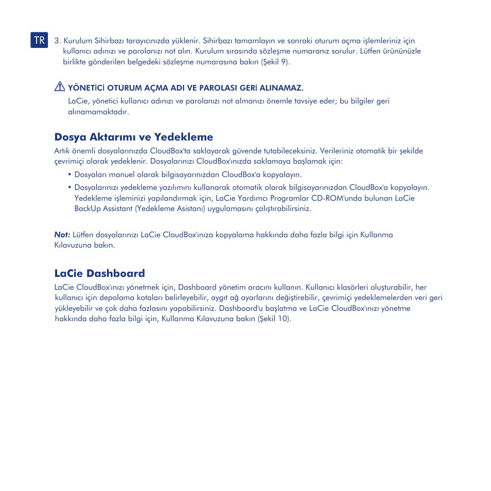 Kurulum, Dosya aktarımı ve yedekleme, Lacie dashboard | LaCie CloudBox User Manual | Page 37 / 40