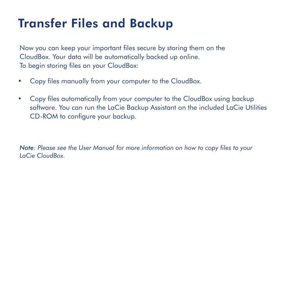 Transfer files and backup | LaCie CloudBox User Manual | Page 8 / 40