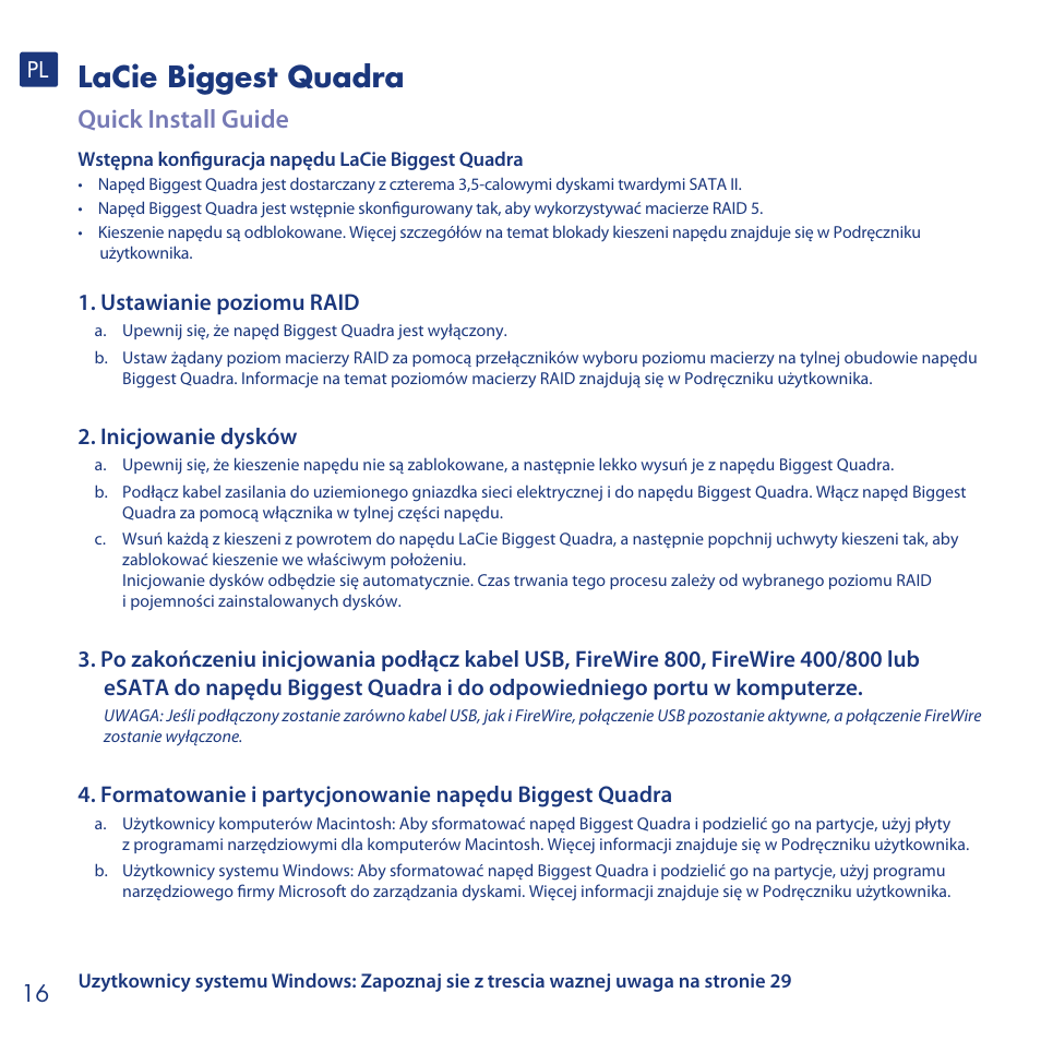 Lacie biggest quadra, Quick install guide, Ustawianie poziomu raid | Inicjowanie dysków | LaCie Biggest Quadra User Manual | Page 16 / 34