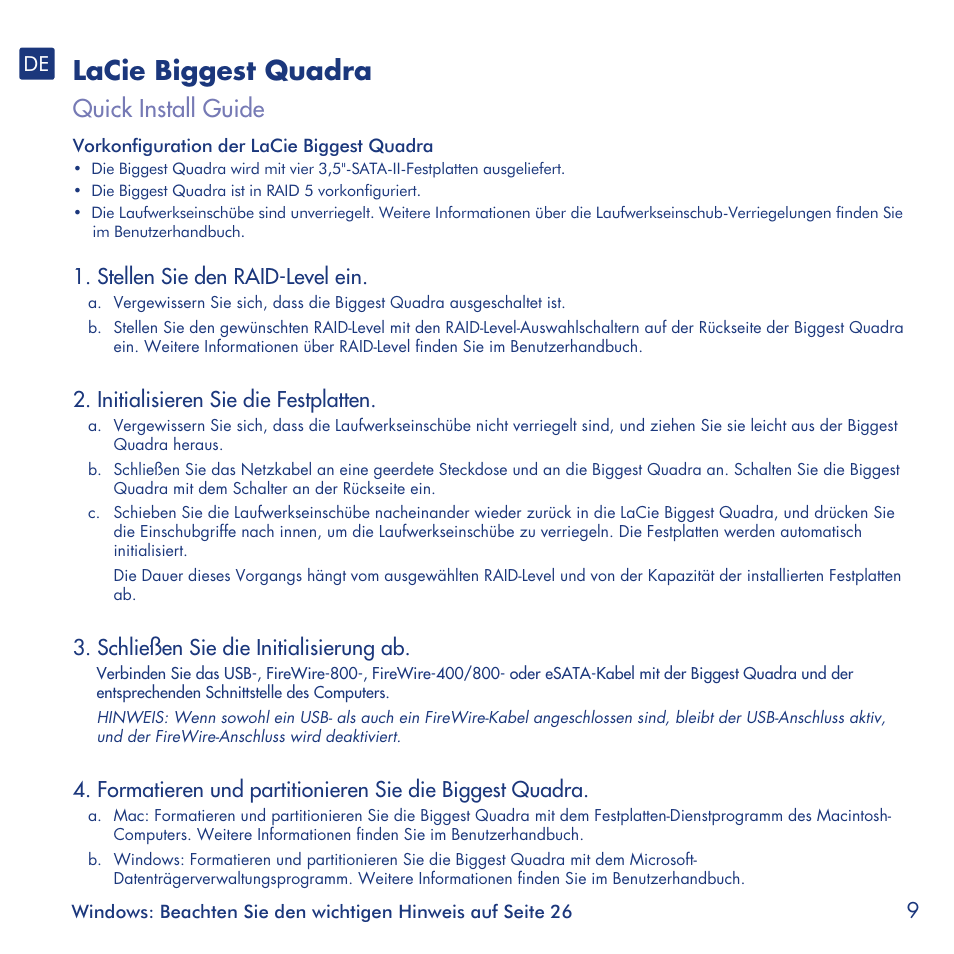 Lacie biggest quadra, Quick install guide, Stellen sie den raid-level ein | Initialisieren sie die festplatten, Schließen sie die initialisierung ab | LaCie Biggest Quadra User Manual | Page 9 / 34