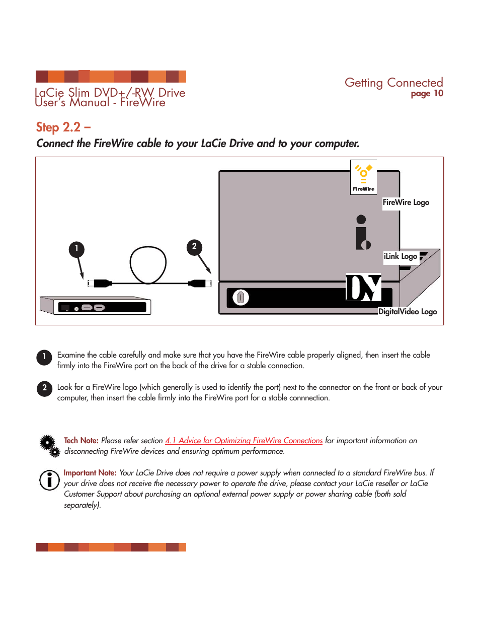 Step 2.2, Getting connected, Lacie slim dvd+/-rw drive user’s manual - firewire | LaCie DVD RW Slim User Manual | Page 11 / 30