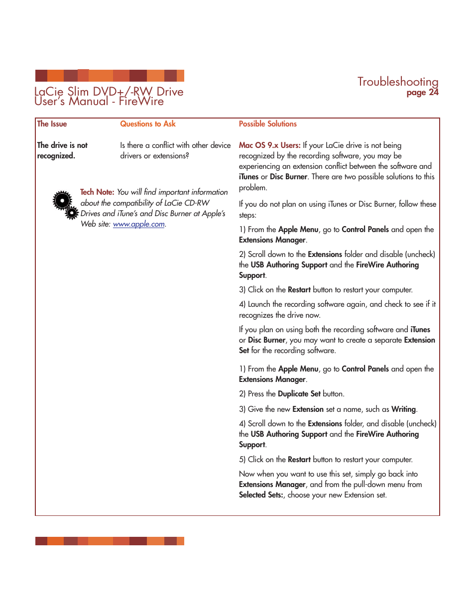 Troubleshooting, Lacie slim dvd+/-rw drive user’s manual - firewire | LaCie DVD RW Slim User Manual | Page 25 / 30