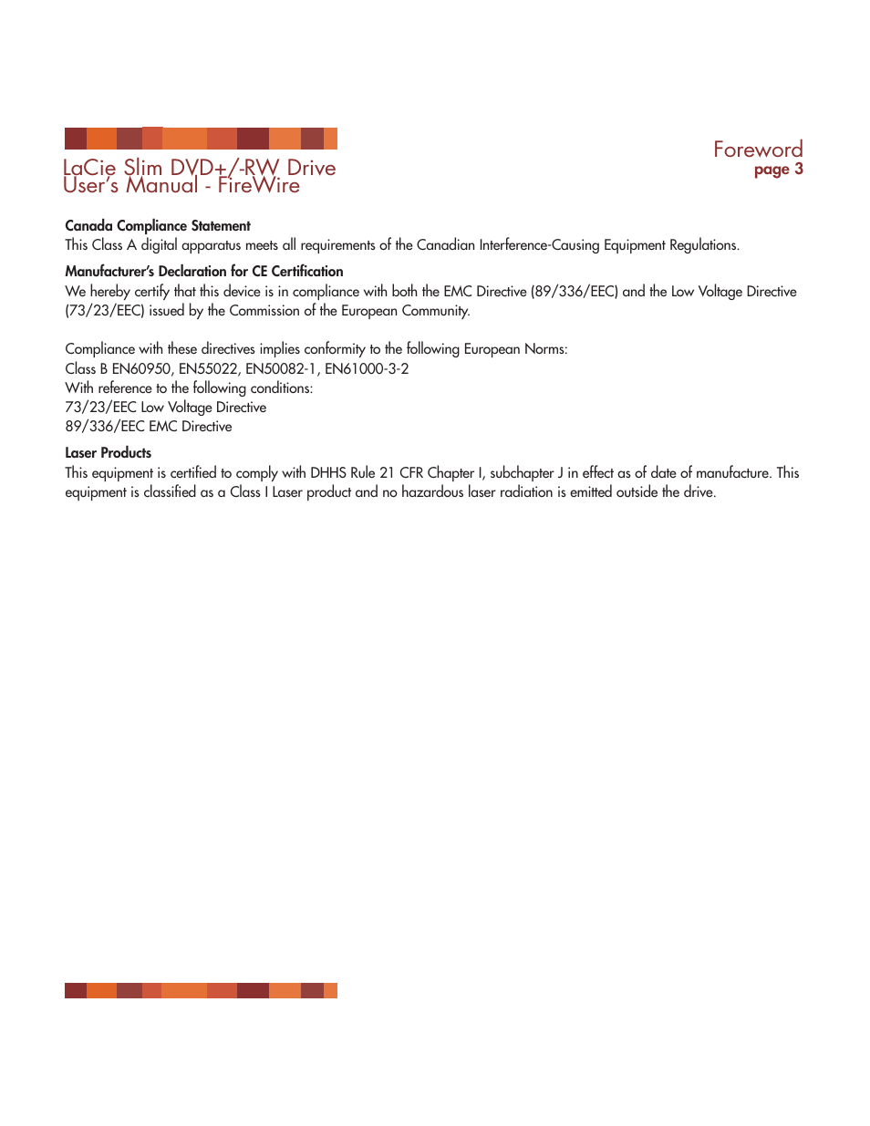 Foreword, Lacie slim dvd+/-rw drive user’s manual - firewire | LaCie DVD RW Slim User Manual | Page 4 / 30