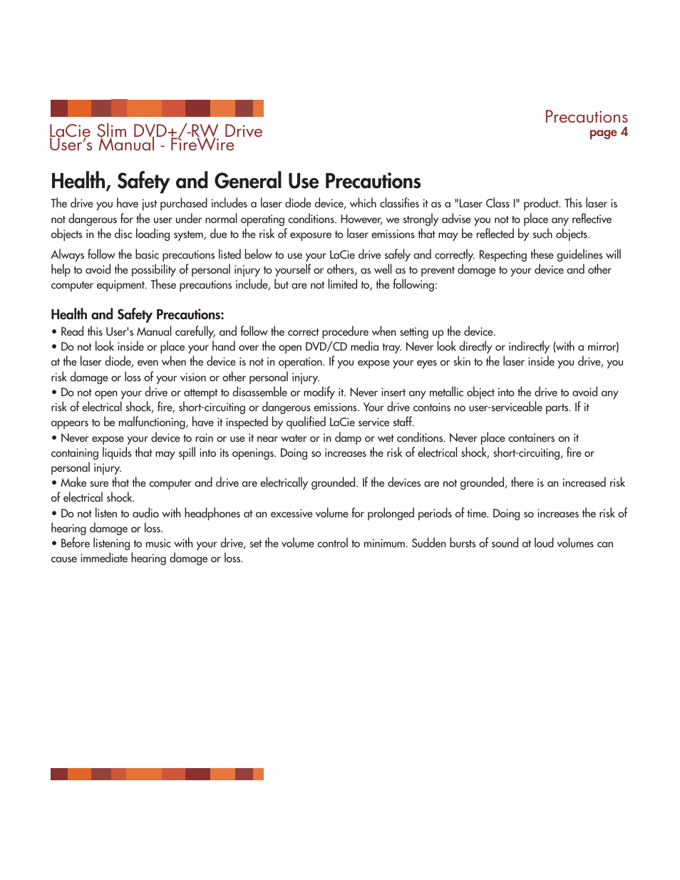 Precautions, Health, safety and general use precautions | LaCie DVD RW Slim User Manual | Page 5 / 30