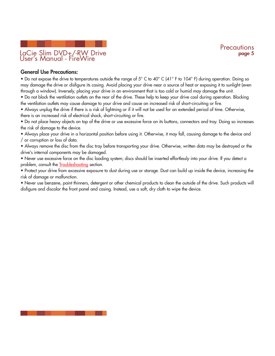 Precautions, Lacie slim dvd+/-rw drive user’s manual - firewire | LaCie DVD RW Slim User Manual | Page 6 / 30