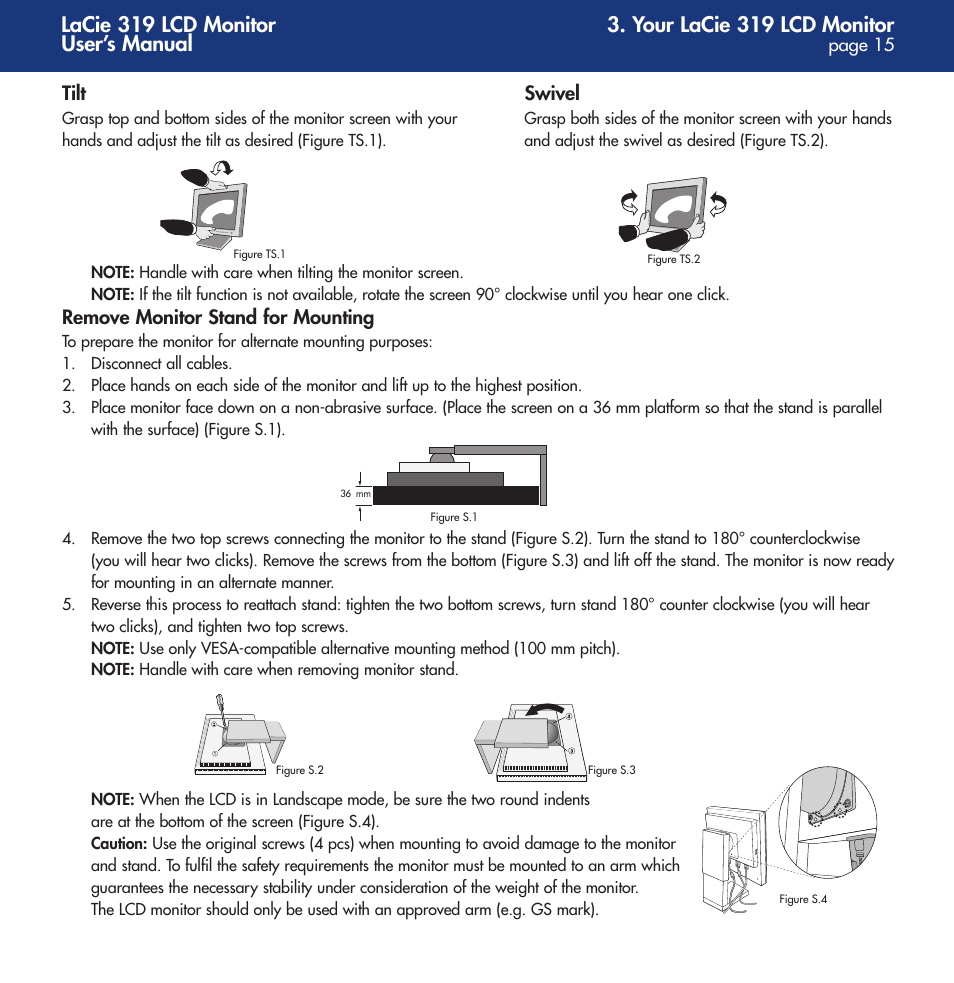 Your lacie 319 lcd monitor, Lacie 319 lcd monitor user’s manual, Tilt swivel | Remove monitor stand for mounting | LaCie 319 User Manual | Page 15 / 24