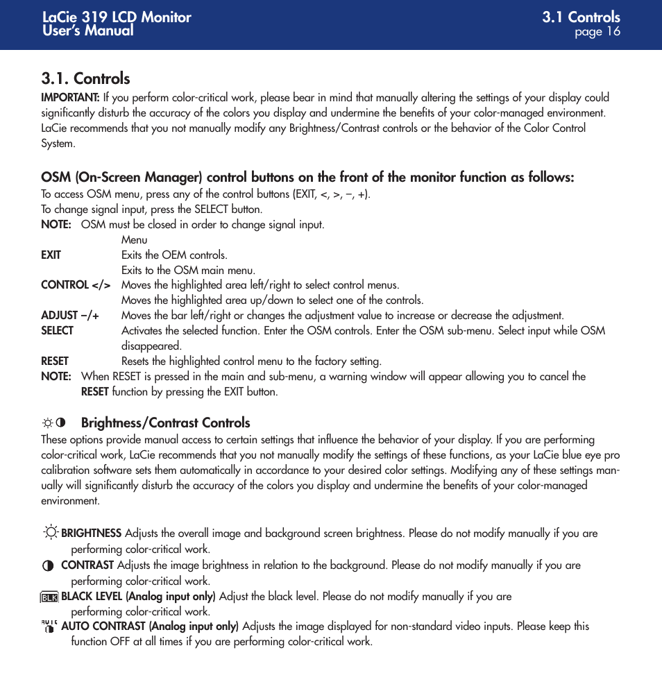 Controls | LaCie 319 User Manual | Page 16 / 24