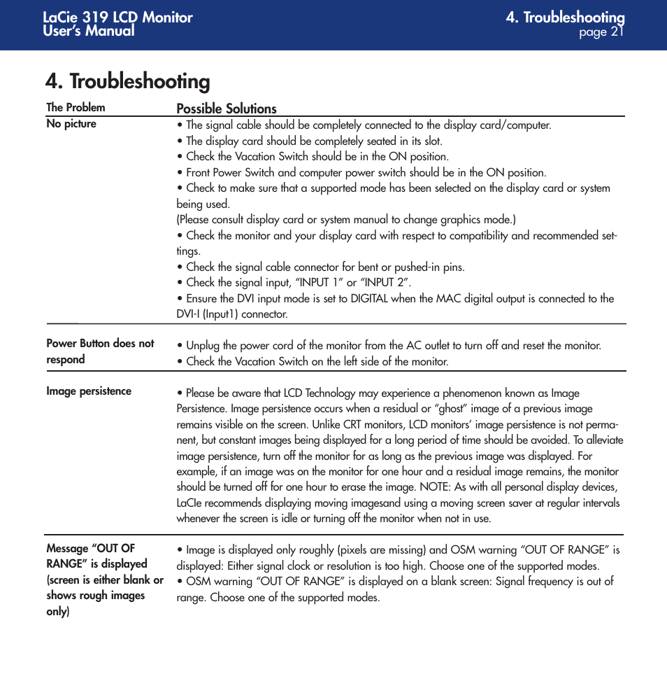 Troubleshooting | LaCie 319 User Manual | Page 21 / 24