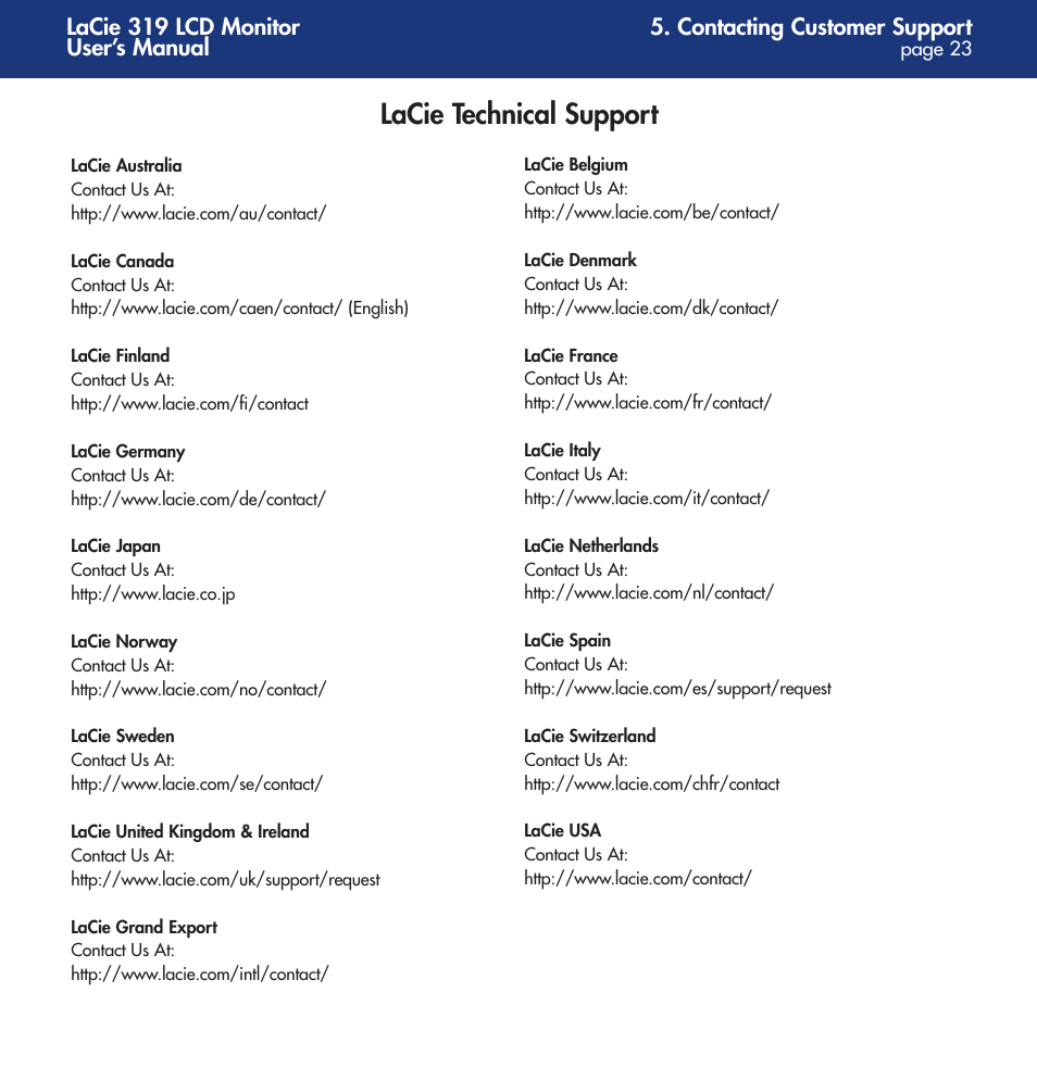 Lacie technical support | LaCie 319 User Manual | Page 23 / 24