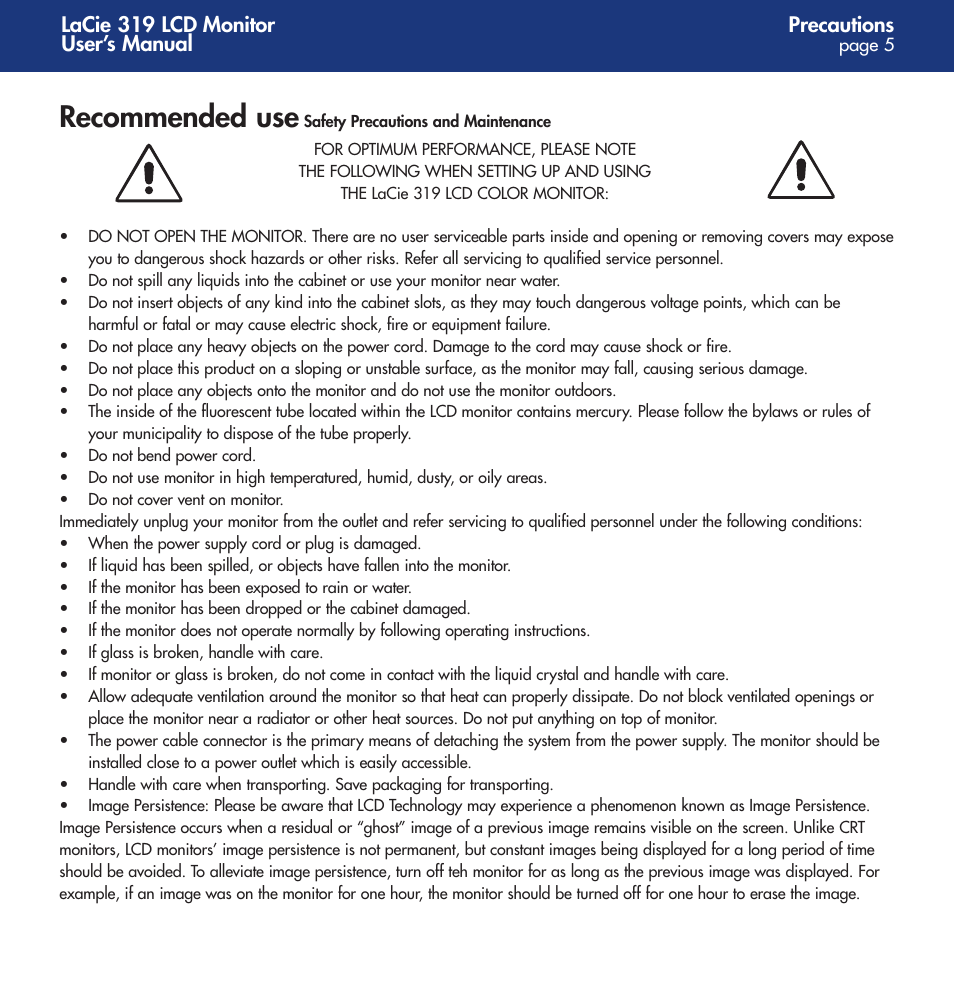 Recommended use | LaCie 319 User Manual | Page 5 / 24