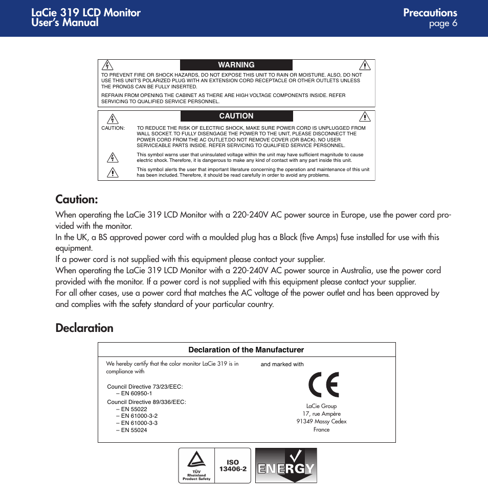 Caution, Declaration, Precautions | Lacie 319 lcd monitor user’s manual, Page 6 | LaCie 319 User Manual | Page 6 / 24
